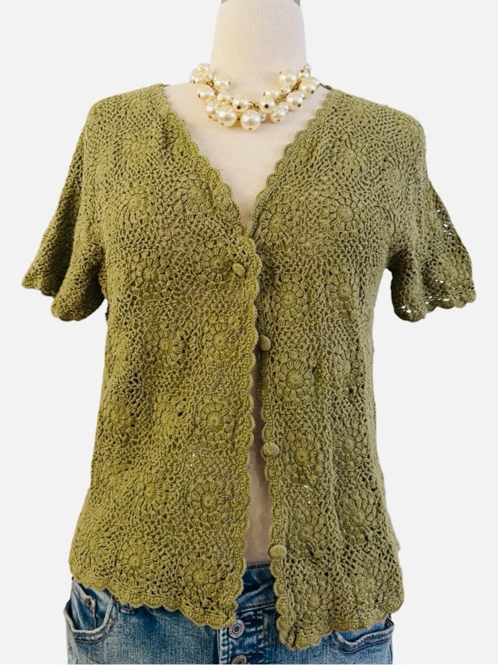 White Stag Olive Green Crochet Short-Sleeve Cardigan